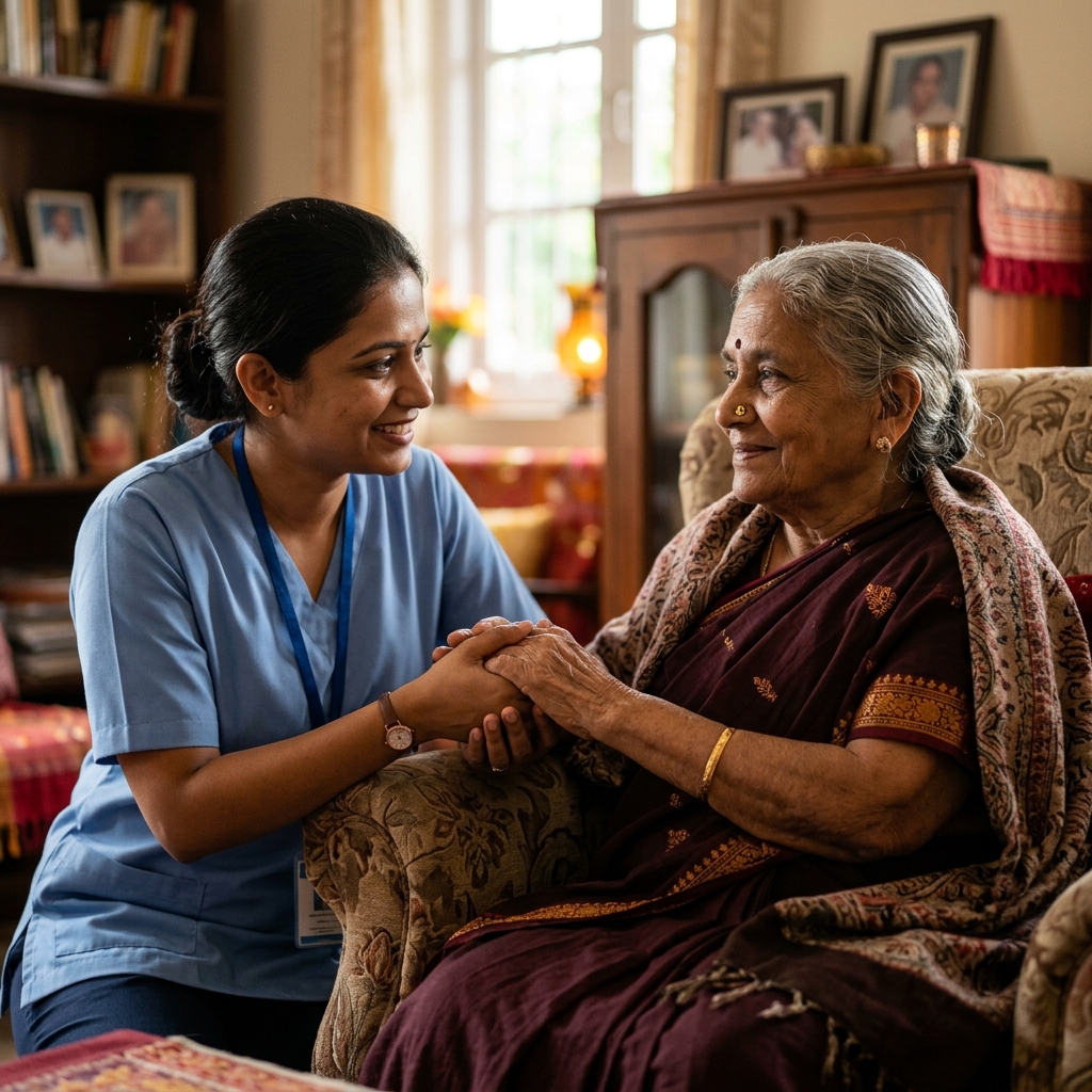 Companion caregiver interacting with senior patient